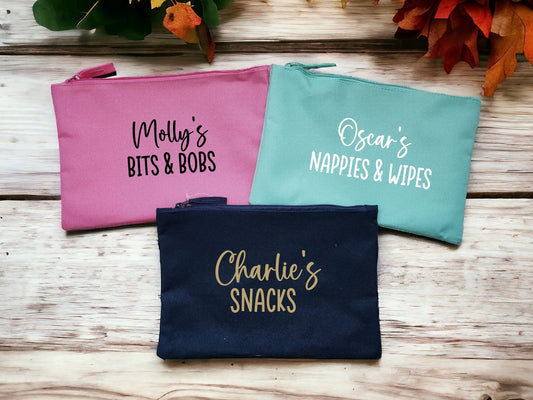 Personalised Nappies and Wipes Zip Pouch Bum Stuff Case Kids Bits and Bobs Bag Baby Gift Custom Stuff Things Medication Holder Period Pouch