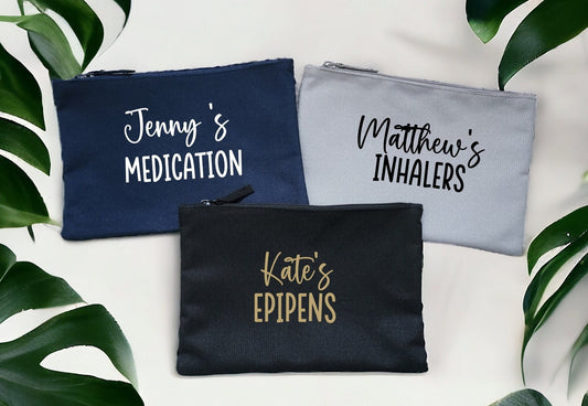 Personalised Medication Bag Stuff Pouch Custom Inhaler Epipen Emergency Supplies Nappies Bit and Bobs Wires Period Case