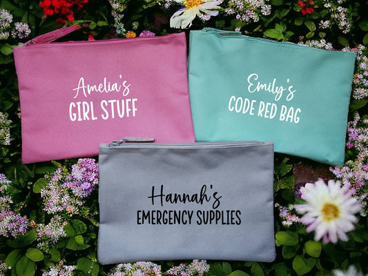 Personalised Period Bag Teen Stuff Toiletries Pouch Custom Medication Emergency Supplies Nappies Bit and Bobs Wires Case