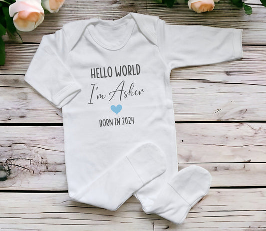 Personalised Baby Sleepsuit Hello World I'm Born In 2024 Custom Name Cute Baby Gift Coming Home Outfit Babygrow Baby Boy Baby Girl Newborn