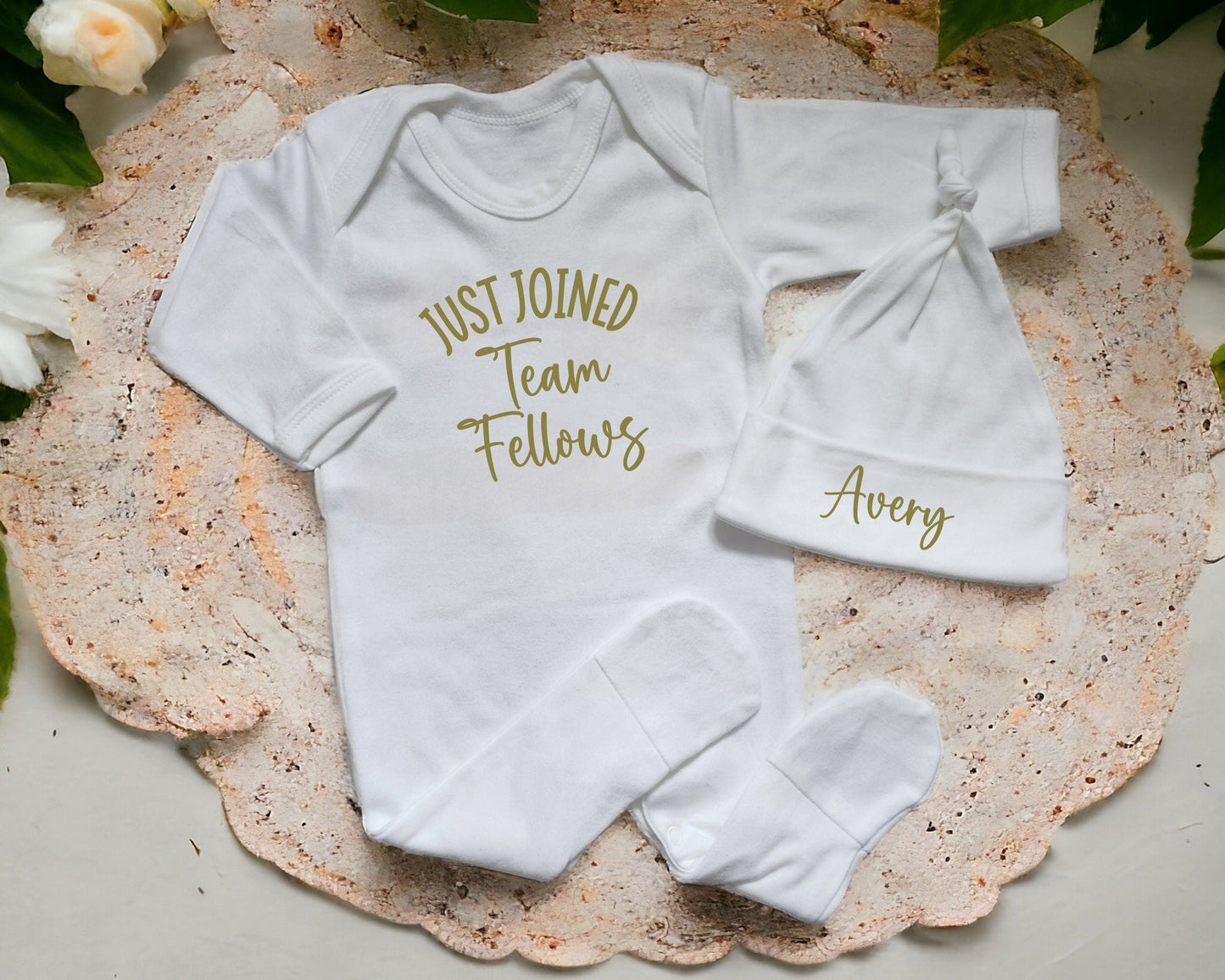 Personalised New Baby First Outfit Just Joined Team Surname Unisex Sleepsuit Hat Set Boy Girl Gift Coming Home Romper Suit Newborn Cotton
