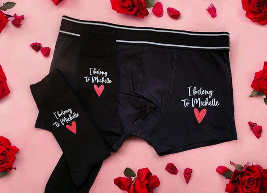 Personalised Boxer Shorts & Socks Set Valentine's Day Gift For Him I belong to name Cotton Underwear Men's Anniversary Present Cute Novelty