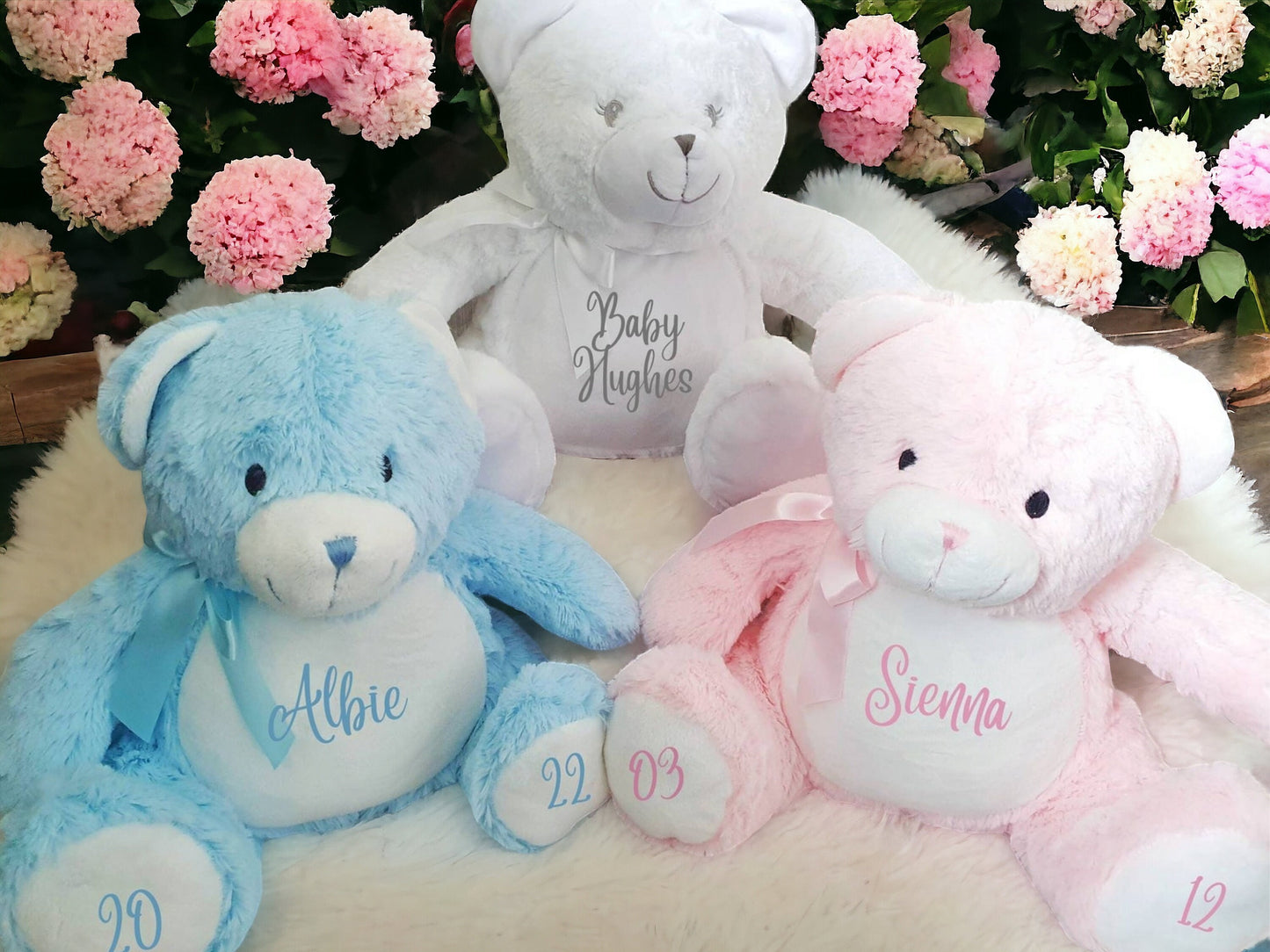 Personalised New Baby Gift Teddy Bear Soft Toy Baby Girl, Baby Boy Plush, Custom Name 1st Birthday, Christening 24cm or 40cm Pink Blue White