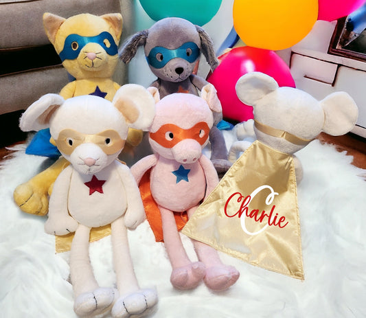 Personalised Superhero Teddy Bear With Cape Soft Toy Kid's Sidekick Birthday Gift Child Name Custom Dog Rabbit Cat Pig Mouse CE Tested 40cm