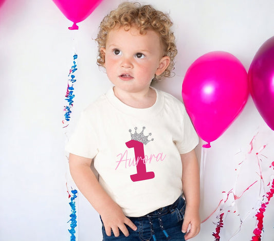 Personalised First Birthday T Shirt 1st Birthday Top Name Glitter Crown Boy Girl I am One Today Cotton Top