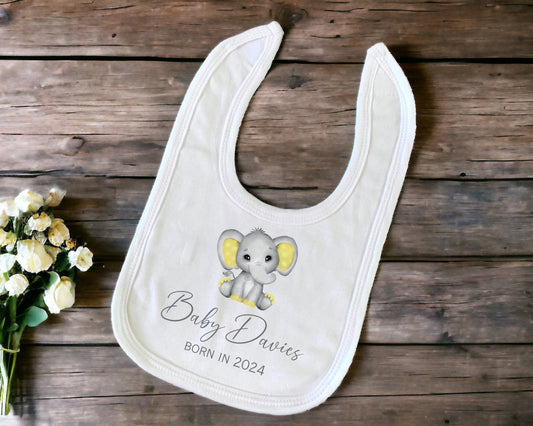 Personalised Baby Sleepsuit Elephant Bodysuit Bib Custom New Baby Gift Coming Home Outfit Baby Girl Baby Boy Team Yellow