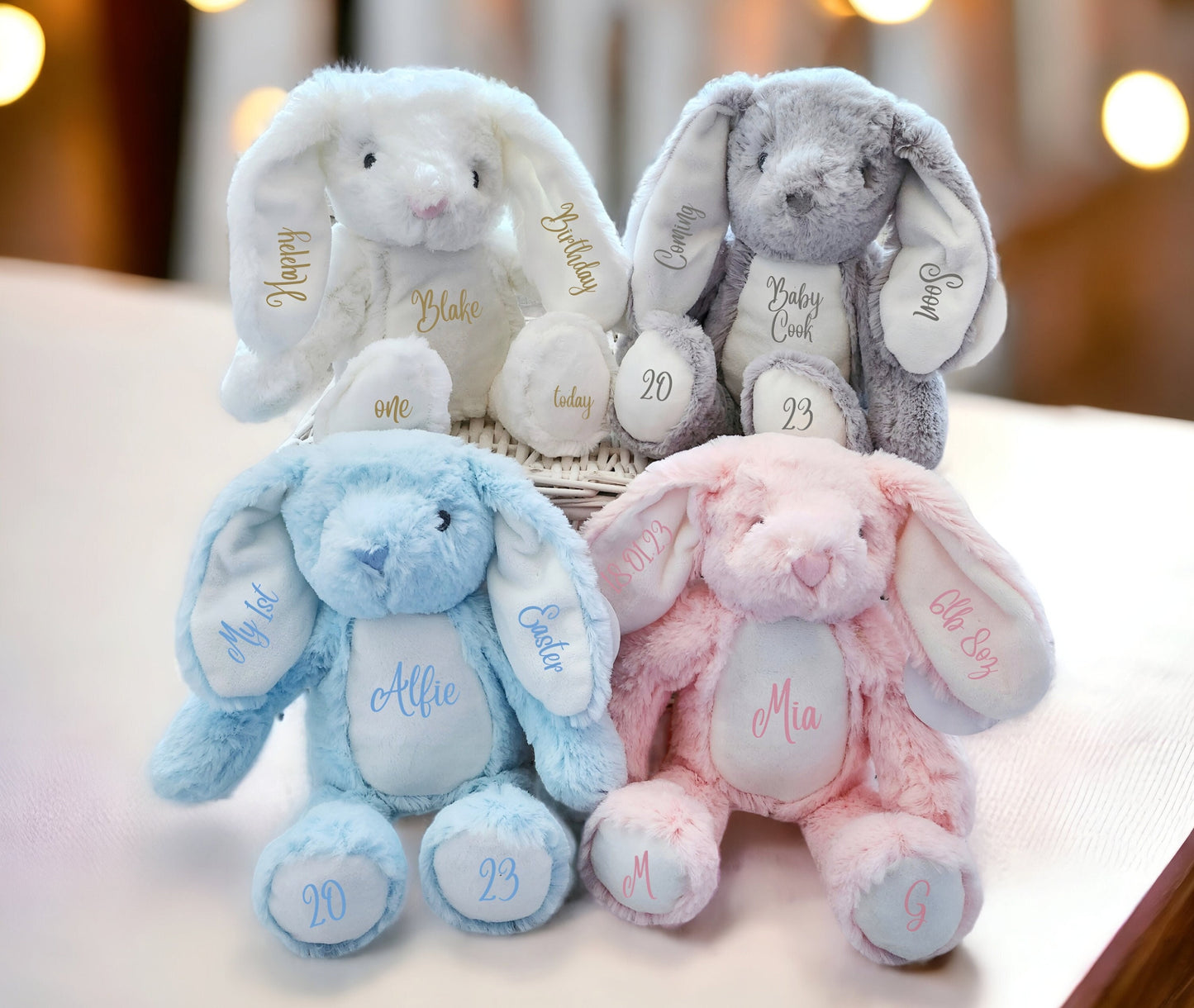 Personalised Bunny Rabbit Cuddly Toy New Baby Gift Soft Plush Grey Cream White Custom Newborn Present Children's Girl Boy Easter