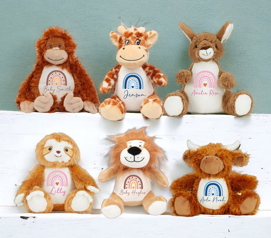 Personalised Soft Toy Gift For Kids Rainbow Name Animal Plush Cuddly Birthday Present Brother Sister Lion Unicorn Dragon Koala Monkey Dog