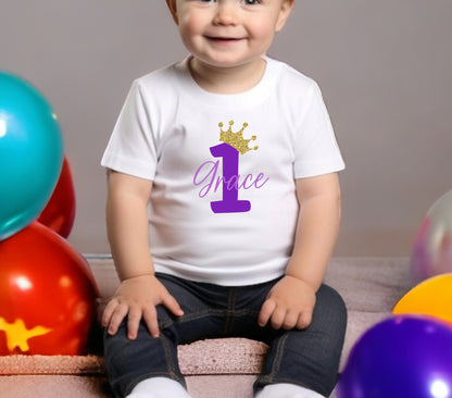 Personalised First Birthday T-Shirt: Glitter Crown Cotton Top