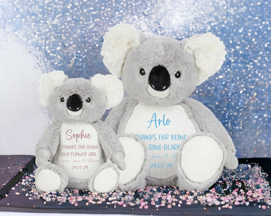 Personalised Koala Soft Toy Wedding Favour Ring Bearer Flower Girl Bridesmaid Page Boy Custom Plush