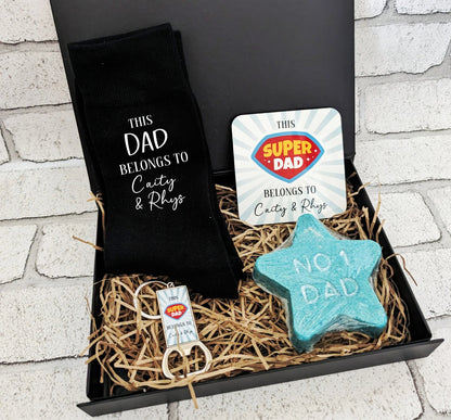 Personalised Father's Day Gift Custom Super Dad Socks, Coaster, Keyring Bottle Opener, Bath Bomb, Gift Box, Best Dad Birthday Present