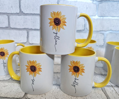 Personalised Sunflower Mug Gift Name Stem Yellow Handle Cup Gift For Her Flower Birthday Present July Birth Flower Leo Zodiac Flower