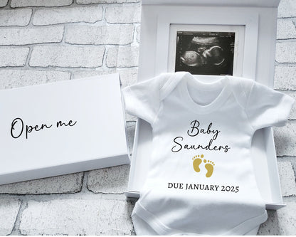 Personalised Pregnancy Announcement Vest Scan Photo Boxed Baby Coming Soon Due Date Promoted to Parents Baby Reveal Grandparents to be Gift