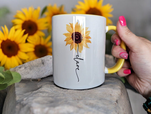 Personalised Sunflower Mug Gift Name Stem Yellow Handle Cup Gift For Her Flower Birthday Present July Birth Flower Leo Zodiac Flower