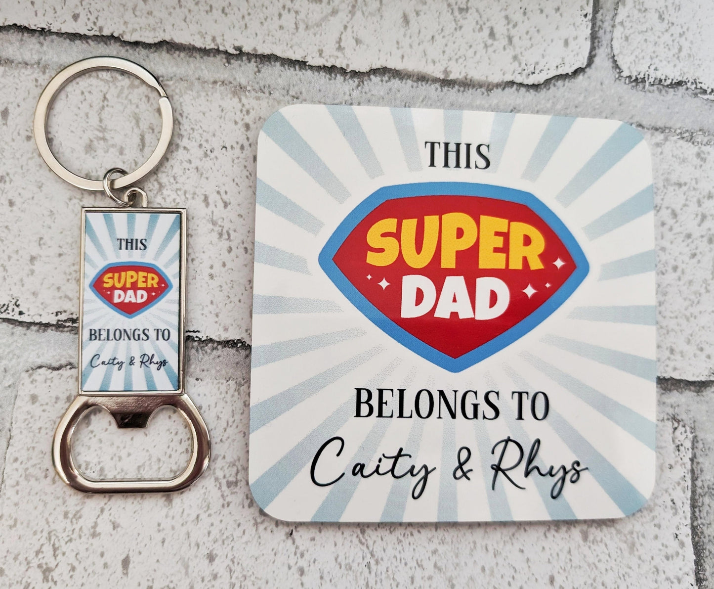Personalised Father's Day Gift Custom Super Dad Socks, Coaster, Keyring Bottle Opener, Bath Bomb, Gift Box, Best Dad Birthday Present