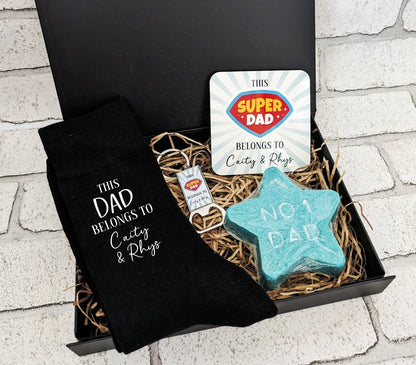 Personalised Father's Day Gift Custom Super Dad Socks, Coaster, Keyring Bottle Opener, Bath Bomb, Gift Box, Best Dad Birthday Present