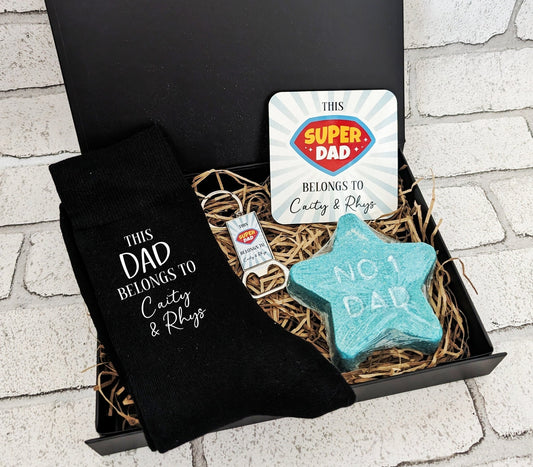 Personalised Father's Day Gift Custom Super Dad Socks, Coaster, Keyring Bottle Opener, Bath Bomb, Gift Box, Best Dad Birthday Present