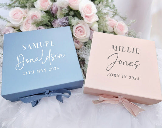 Personalised Baby Keepsake Box | Pregnancy Gift | Christening Card Storage | Baby Shower Hamper | Large Memory Box | Blue, Pink or White.