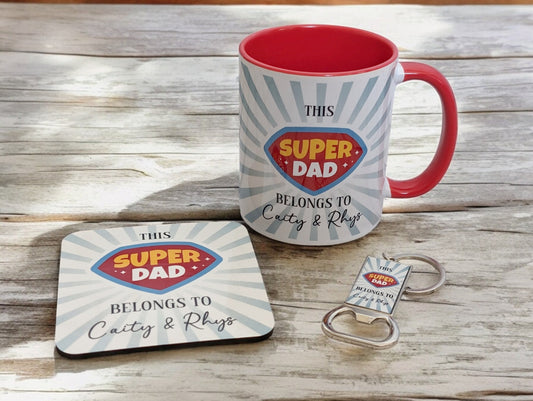 Personalised Super Dad Mug, Coaster and Bottle Opener Keyring. Gift for Him. Gift for Dad.