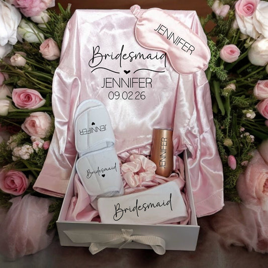 Personalised Bridesmaid Robe Gift Set Bride To Be Dressing Gown Cami Shorts Set Slippers Headband Eyemask Hair Tie Gift Box Wine Glass