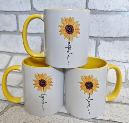 Personalised Sunflower Mug Gift Name Stem Yellow Handle Cup Gift For Her Flower Birthday Present July Birth Flower Leo Zodiac Flower