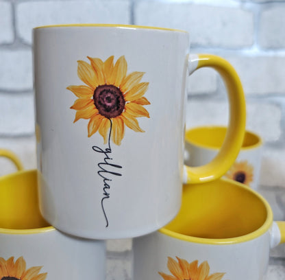 Personalised Sunflower Mug Gift Name Stem Yellow Handle Cup Gift For Her Flower Birthday Present July Birth Flower Leo Zodiac Flower