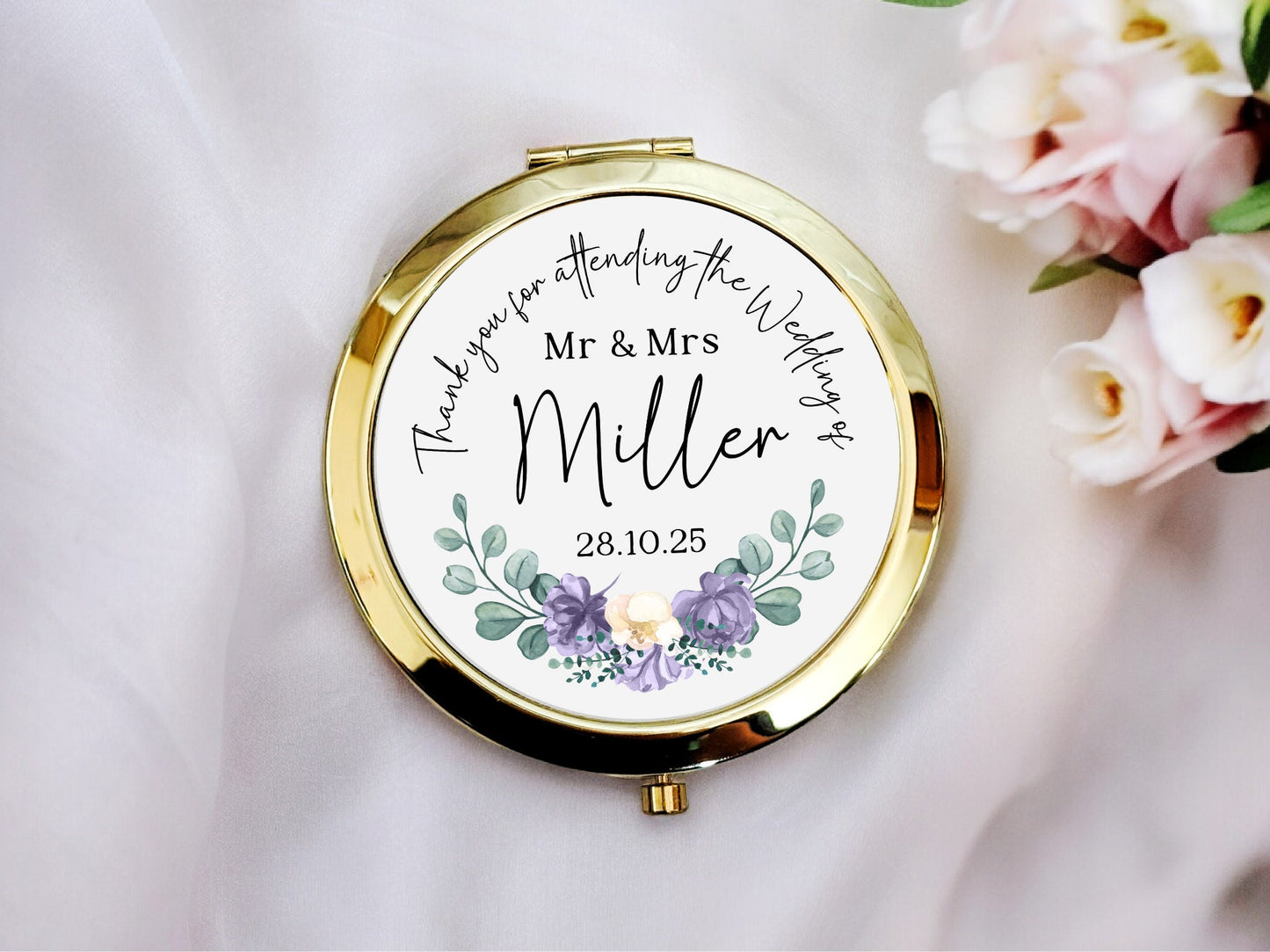 Personalised Wedding Favour Compact Mirror Thank You For Coming to our Wedding Mr & Mrs Ladies Gift