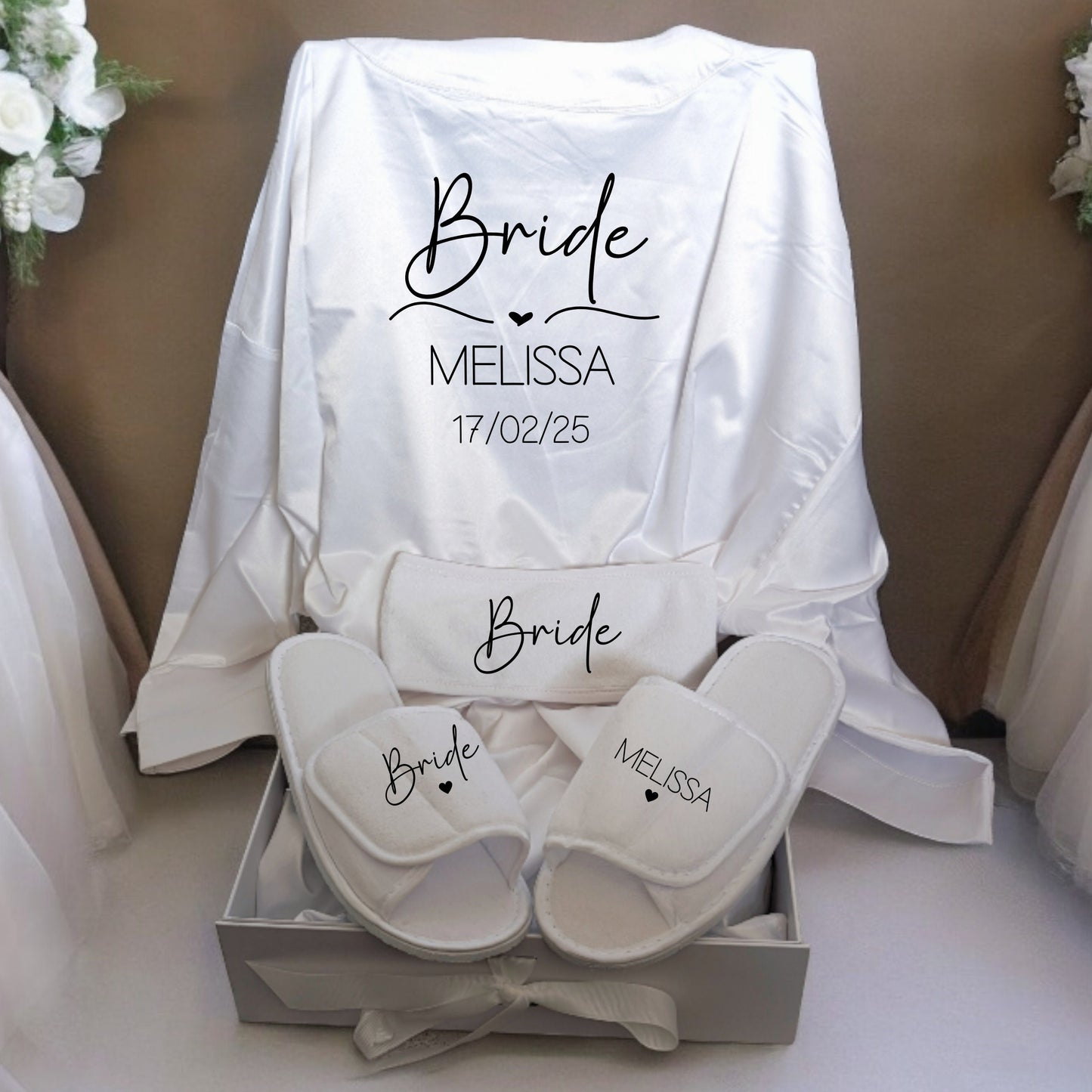 Personalised Bridesmaid Robe Gift Set Bride To Be Dressing Gown Cami Shorts Set Slippers Headband Eyemask Hair Tie Gift Box Wine Glass