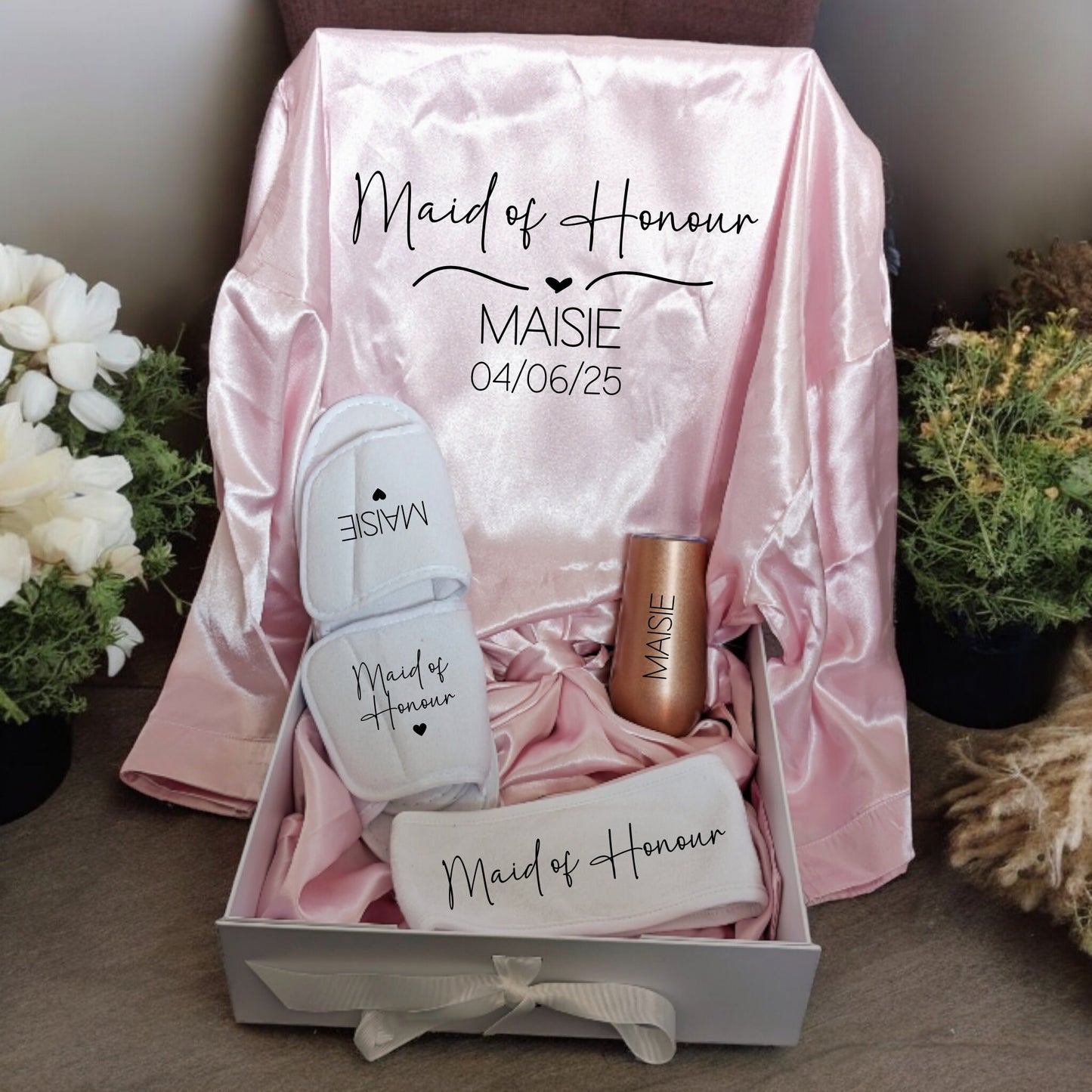 Personalised Bridesmaid Robe Gift Set Bride To Be Dressing Gown Cami Shorts Set Slippers Headband Eyemask Hair Tie Gift Box Wine Glass