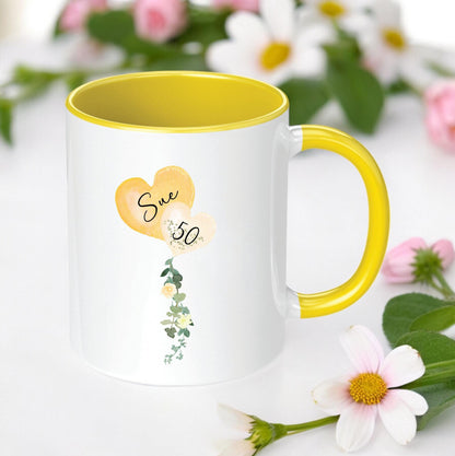 Personalised Birthday Mug: Balloon Design, Colored Handle, Custom Name & Age