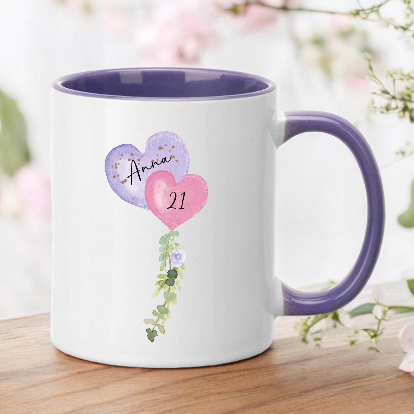 Personalised Birthday Mug: Balloon Design, Colored Handle, Custom Name & Age