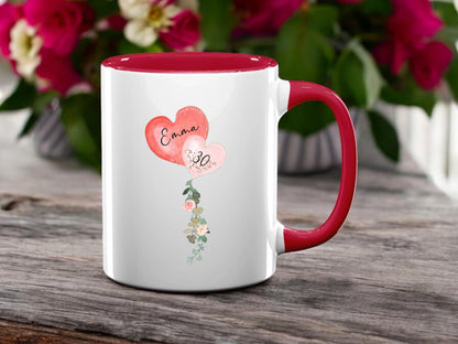 Personalised Mug Birthday Balloon Cup Gift For Her with Coloured handle 18th, 21st, 30th, 40th, 50th Birthday Present Girlfriend Wife Gift