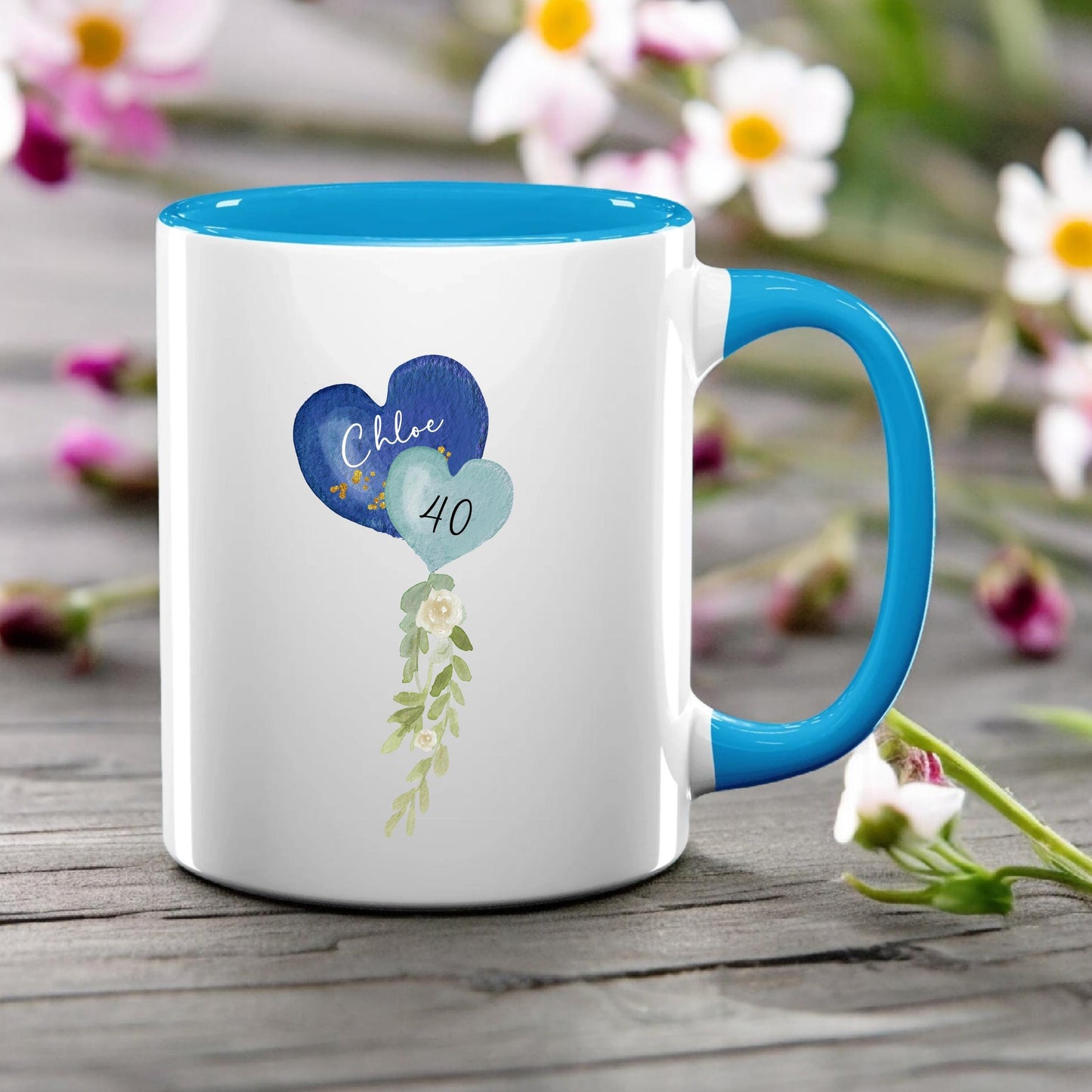 Personalised Mug Birthday Balloon Cup Gift For Her with Coloured handle 18th, 21st, 30th, 40th, 50th Birthday Present Girlfriend Wife Gift