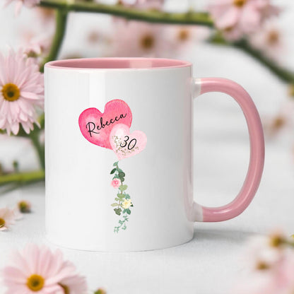 Personalised Birthday Mug: Balloon Design, Colored Handle, Custom Name & Age