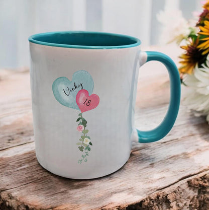 Personalised Birthday Mug: Balloon Design, Colored Handle, Custom Name & Age