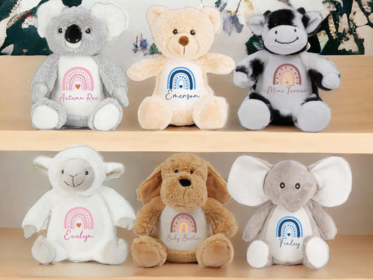 Personalised Soft Toy Gift For Kids Rainbow Name Animal Plush Cuddly Birthday Present Brother Sister Highland Cow Lamb Bear Kangaroo Sloth
