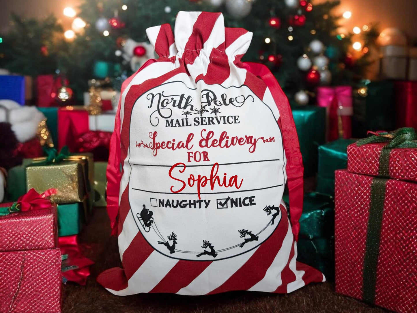 Personalised Christmas Sack Santa Stocking Candy Cane Bag Custom Present Sack 45cm x 60cm