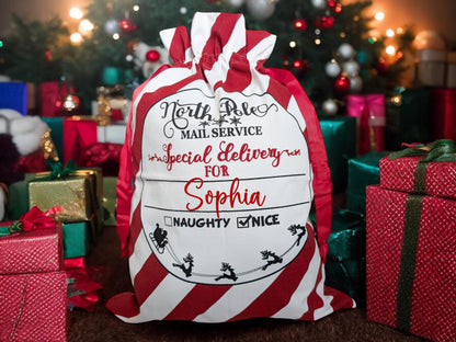 Personalised Christmas Sack Santa Stocking Candy Cane Bag Custom Present Sack 45cm x 60cm