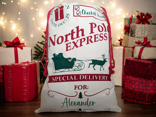 Personalised Santa Sack Christmas Stocking, Christmas Presents Gift Bag, Large Custom Christmas Eve Sack 50cm x 70cm