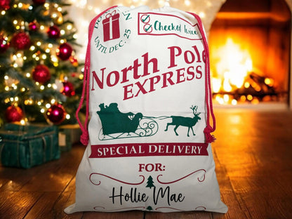 Personalised Santa Sack Christmas Stocking, Christmas Presents Gift Bag, Large Custom Christmas Eve Sack 50cm x 70cm