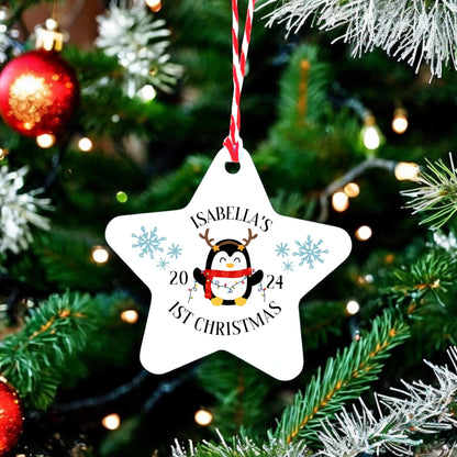 Personalised Baby's First Christmas Tree Decoration. Ceramic Hanging Star Cute Reindeer Penguin 2024 1st Xmas Gift