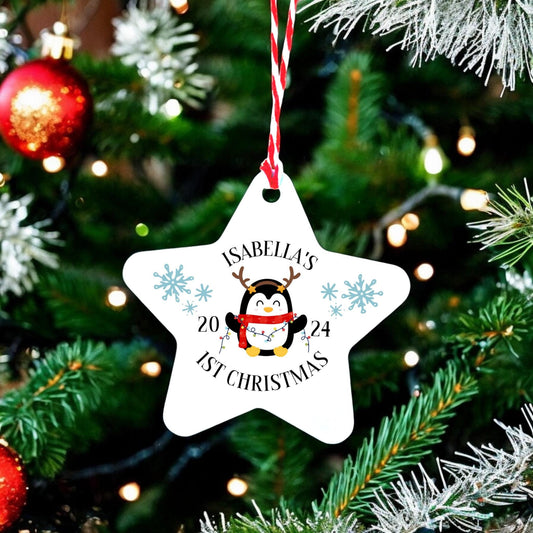 Personalised Baby's First Christmas Tree Decoration. Ceramic Hanging Star Cute Reindeer Penguin 2024 1st Xmas Gift