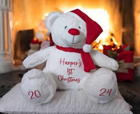 Personalised Christmas Teddy Bear Santa Soft Toy CE Tested First Xmas Gift Baby Child Present Festive Plush 40cm Choice Text Colour