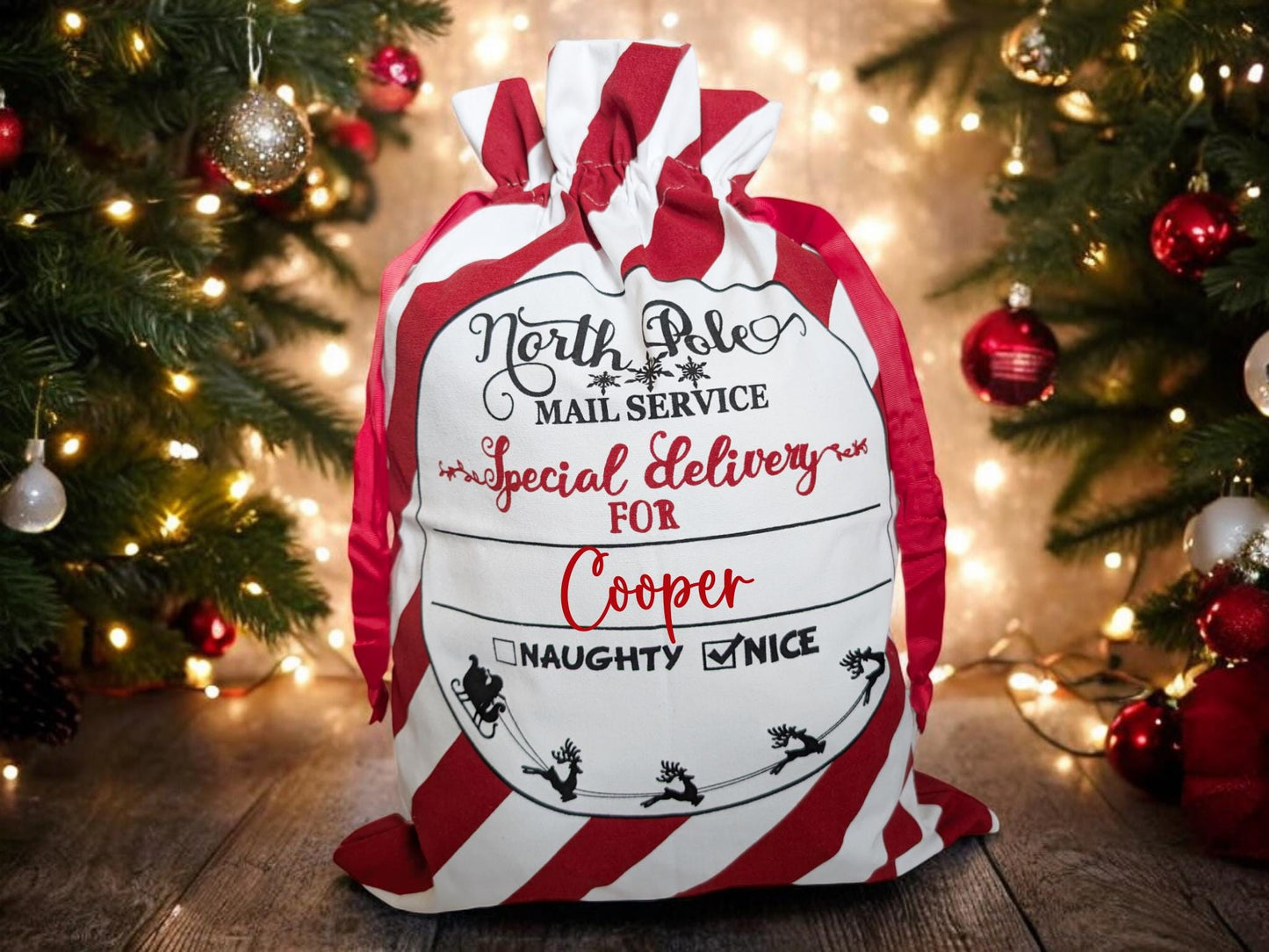 Personalised Christmas Sack Santa Stocking Candy Cane Bag Custom Present Sack 45cm x 60cm