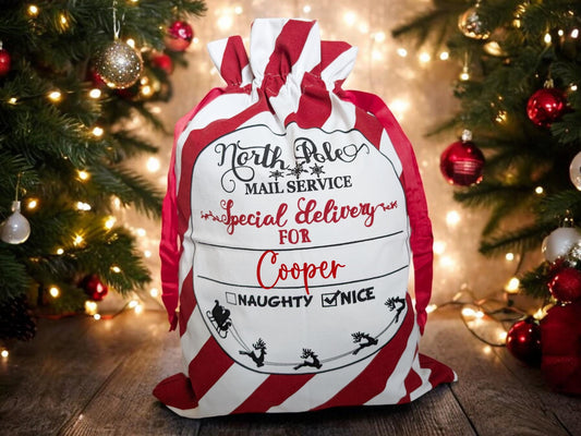 Personalised Christmas Sack Santa Stocking Candy Cane Bag Custom Present Sack 45cm x 60cm
