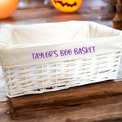 Personalised Boo Basket Halloween Box Gift Hamper White Wicker Storage Gift Cotton Liner Choice of Sizes
