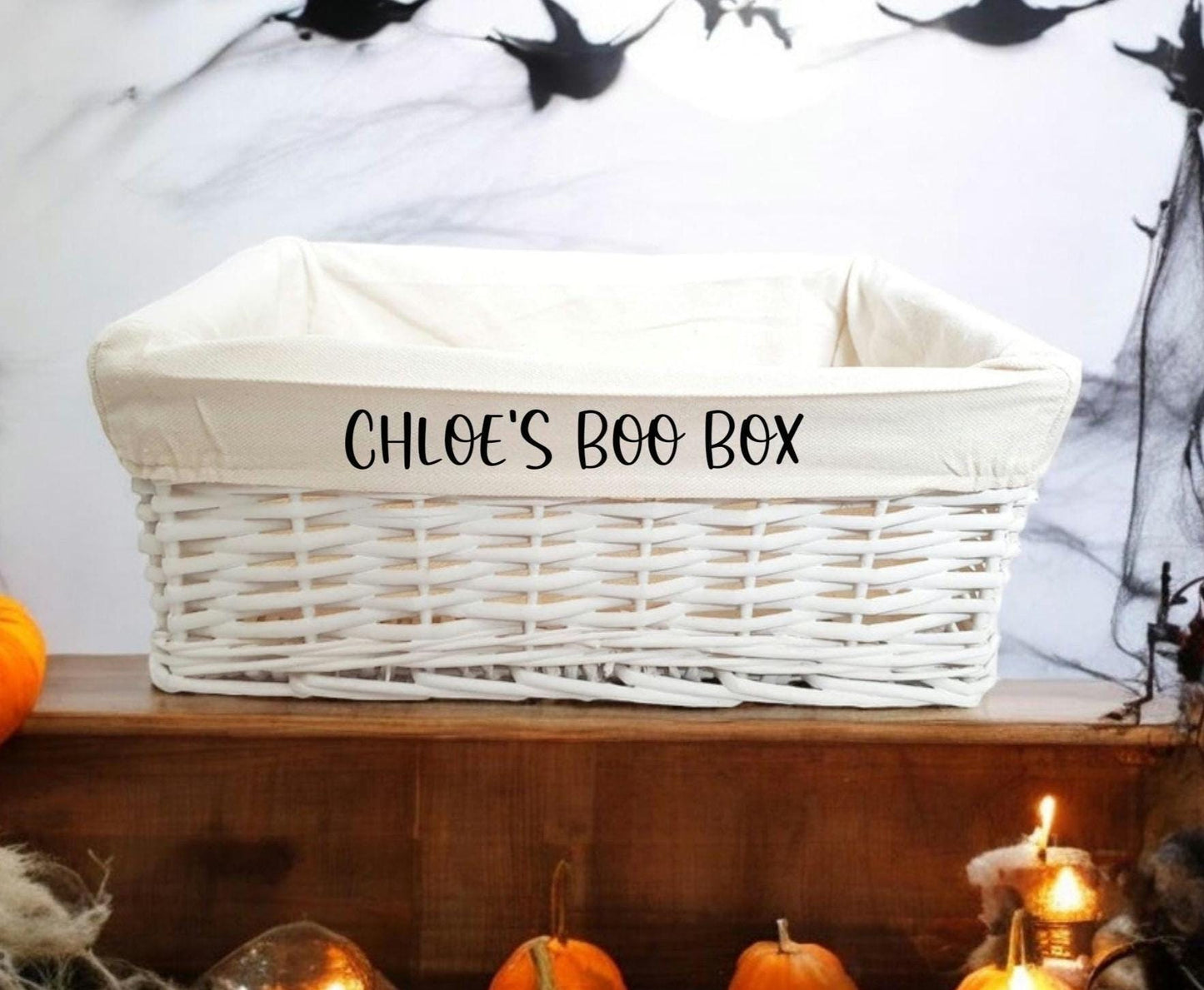 Personalised Boo Basket Halloween Box Gift Hamper White Wicker Storage Gift Cotton Liner Choice of Sizes