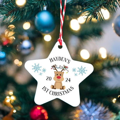 Personalised Baby's First Christmas Tree Decoration. Ceramic Hanging Star Cute Reindeer Penguin 2024 1st Xmas Gift