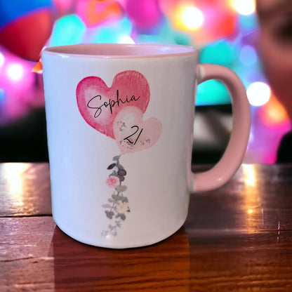 Personalised Mug Birthday Pink Balloon Cup Gift For Her, 18th, 21st, 30th, 40th, 50th, 60th Birthday Present Girlfriend Wife Best Friend