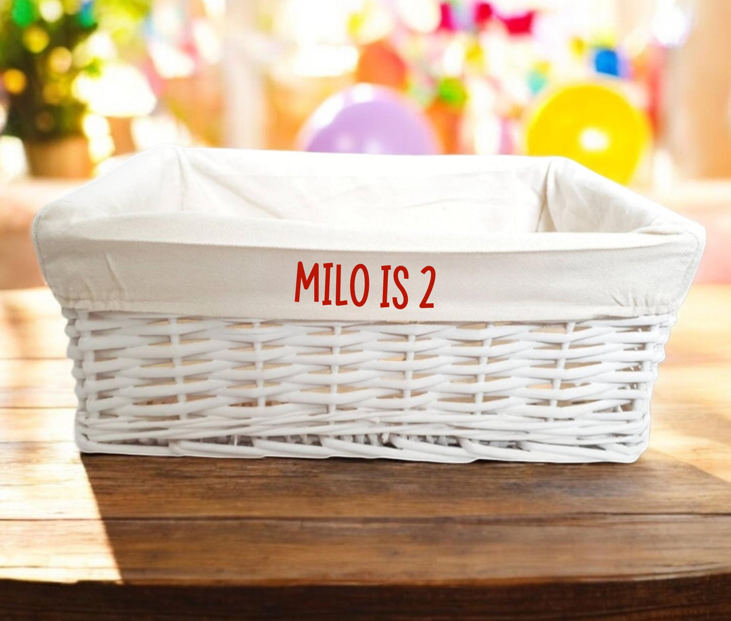Personalised Birthday Hamper Basket White Wicker Cotton Liner Custom Text Gift Decor Storage Organiser Her Him Gift Box Choice of Sizes